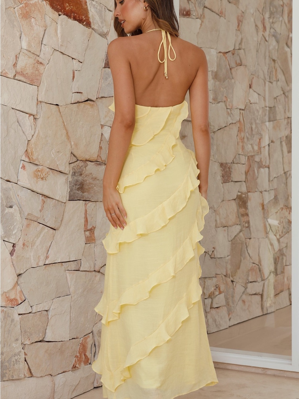 Sunshine Backless Halter Ruffle Maxi Dress
